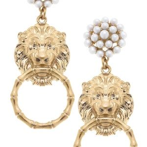Deanna Pearl Cluster Lion Head Door Knocker Drop Earrings in worn gold